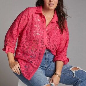 Anthropologie Pink Lace Button-down - Size 18W